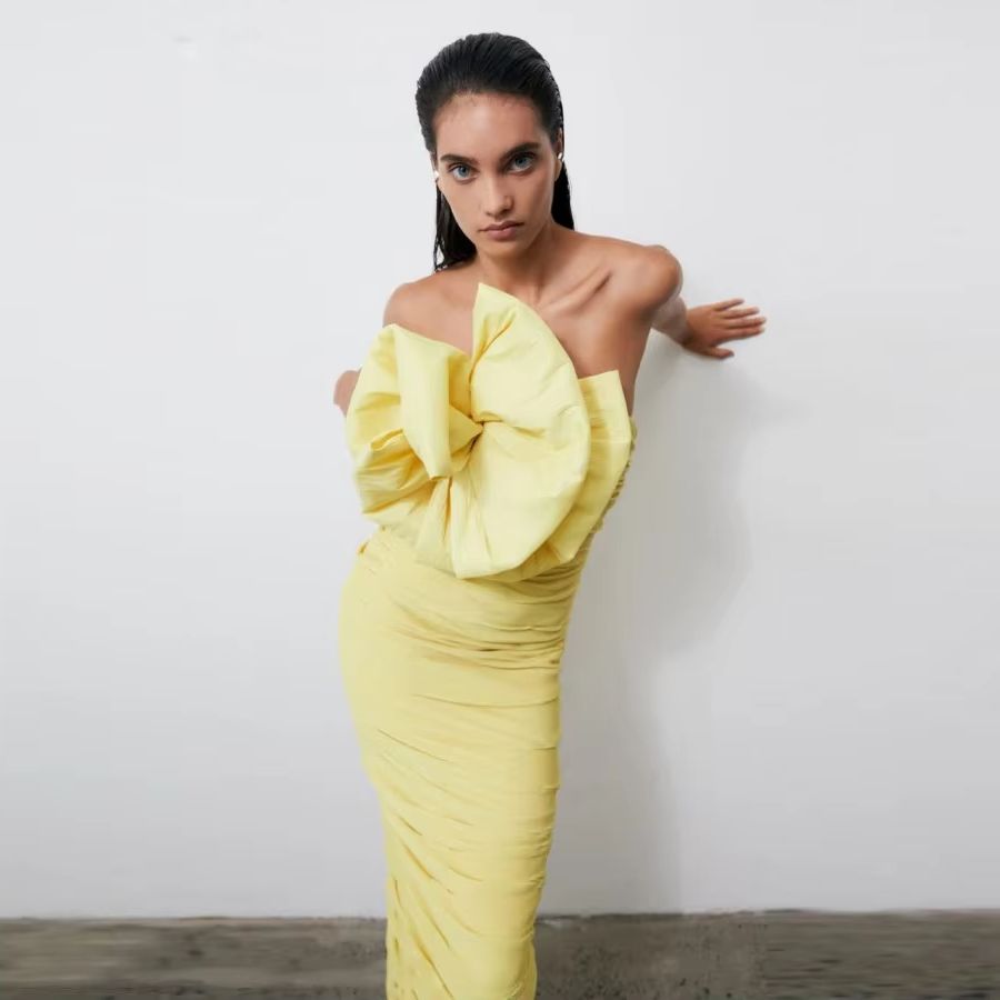 Women Formal Wear H&M - Vestido de noite árabe amarelo, pregas