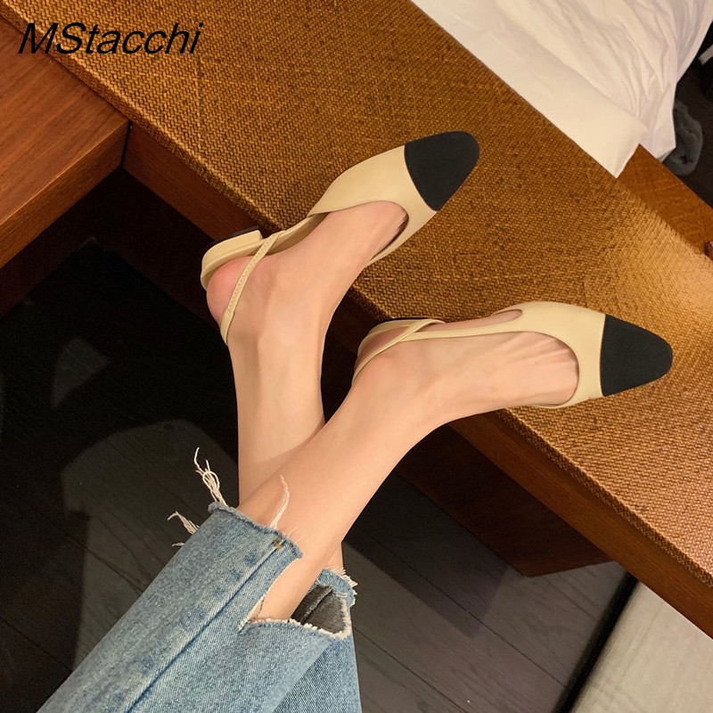 Slingback Heel Formal - Sandálias femininas de couro com retalhos,