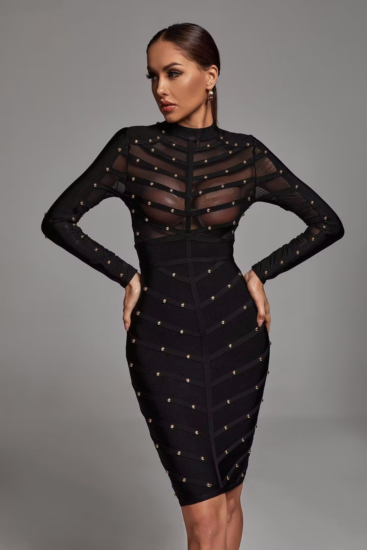 Women Formal Wear H&M - Vestido Elegante com Rebites e Transparências,